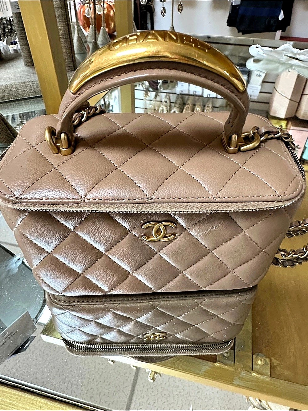 Chanel Small Top Handle Vanity Case with Chain Brown